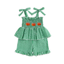 (3-4 Years, Green) Halloween-Kleidung für Kinder, Mädchen, besticktes Kürbis-Unterhemd mit karierten Shorts, 2-teiliges Sommer-Outfit