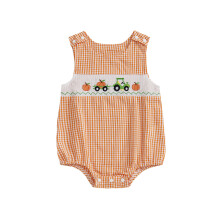 (0-3 Months, Orange) Mono de bebé niño a cuadros de otoño con bordado de calabaza y camión de Halloween, cuello redondo y sin mangas.