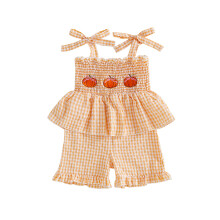 (4-5 Years, Orange) Halloween-Kleidung für Kinder, Mädchen, besticktes Kürbis-Unterhemd mit karierten Shorts, 2-teiliges Sommer-Outfit