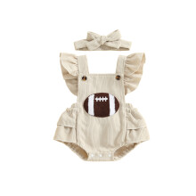 (3-6 Months, Apricot) Conjunto de 2 piezas de otoño para niña, mono con volantes sin mangas con bordado de fútbol y diadema, ropa infantil