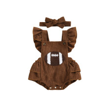 (6-12M, Khaki) Conjunto de 2 piezas de otoño para niña, mono con volantes sin mangas con bordado de fútbol y diadema, ropa infantil