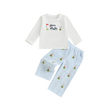 (18-24 Months, White) Kisgyermek babafiú őszi ruha golf hímzett, kerek nyakú, hosszú ujjú póló kockás nadrággal 2 db-os szett
