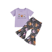 (18-24 Months, Purple) Gyereklány Halloween ruhák Tökmintás Rövid Ujjú Póló és Rugalmas Flare Nadrág Aranyos Kétrészes Ruhák