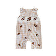 (3-6 Months, Khaki) Macacão infantil para menino, com bordado de futebol, xadrez, sem mangas e detalhe franzido. Roupa de verão fofa.
