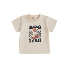 (5-6 Years, Khaki) T-shirt ample à manches courtes et col rond avec imprimé fantÎme et lettres, idéal pour Halloween en petit garçon.
