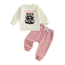(18-24 Months, Beige) Kisgyermek kislány őszi ruhák mosómedve mintás, kerek nyakú, hosszú ujjú pulóver nadrággal 2 db-os szett