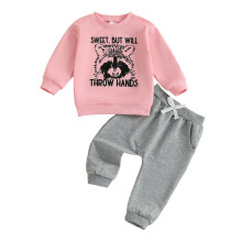 (4-5 Years, Pink) Kisgyermek kislány őszi ruhák mosómedve mintás, kerek nyakú, hosszú ujjú pulóver nadrággal 2 db-os szett