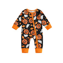 (6-12 Months, Black) Mono de Halloween para bebé niño con cremallera, manga larga, cuello redondo y estampado de fantasmas y calabazas.