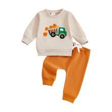 (6-12 Months, Apricot) Kisgyermek baba fiú halloweeni jelmez teherautó tök hímzett hosszú ujjú pulóver nadrággal 2 db-os szett