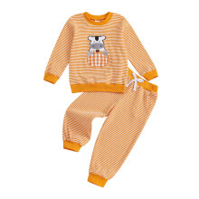(2-3 Years, Orange) Kisgyermek Halloween jelmez tök tehén hímzés csíkos hosszú ujjú pulóver nadrággal 2 db-os szett őszre