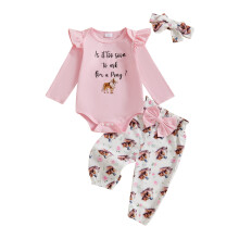 (3-6 Months, Pink) Dívčí kalhotové sady 3 ks s dlouhým rukávem, potiskem písmen, overaly, potiskem koní/bot, kalhoty a čelenky