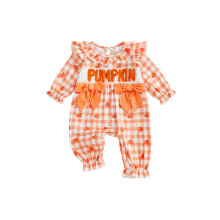 (3-6 Months, Orange) Tutina a quadri per bambina con ricamo di lettere, maniche lunghe, volant e scollo rotondo, lunghezza intera.