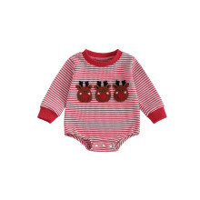 (6-12 Months, Coffee) Sudaderas y monos para bebé niño, ropa navideña, bordado de ciervo, rayas, manga larga, bodys de otoño, monos