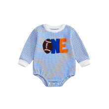 (12-18 Months, Blue) Babyjongen verjaardagssweatshirt romper gestreept voetbal/nummer geborduurd lange mouwen wafelgebreide jumpsuit