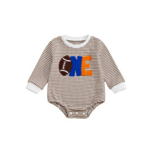 (12-18 Months, Coffee) Babyjongen verjaardagssweatshirt romper gestreept voetbal/nummer geborduurd lange mouwen wafelgebreide jumpsuit