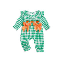 (12-18 Months, Green) Tutina a quadri per bambina con ricamo di lettere, maniche lunghe, volant e scollo rotondo, lunghezza intera.