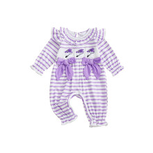 (3-6 Months, Purple) Tutina a quadri per bambina con ricamo di lettere, maniche lunghe, volant e scollo rotondo, lunghezza intera.