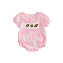 (0-3 Months, Pink) Tutina a quadri per bambina, estiva, con ricamo rugby, scollo rotondo, maniche corte e volant.
