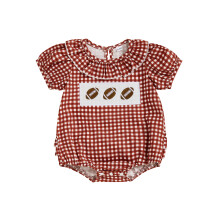 (6-12 Months, Red) Tutina a quadri per bambina, estiva, con ricamo rugby, scollo rotondo, maniche corte e volant.