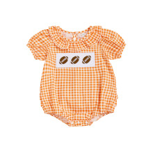 (6-12 Months, Orange) Tutina a quadri per bambina, estiva, con ricamo rugby, scollo rotondo, maniche corte e volant.