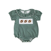 (12-18 Months, Green) Tutina a quadri per bambina, estiva, con ricamo rugby, scollo rotondo, maniche corte e volant.