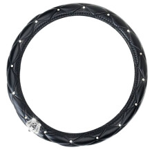 Women Cute Black Steering Wheel Cover, Antislip PU Leather Rhinestones