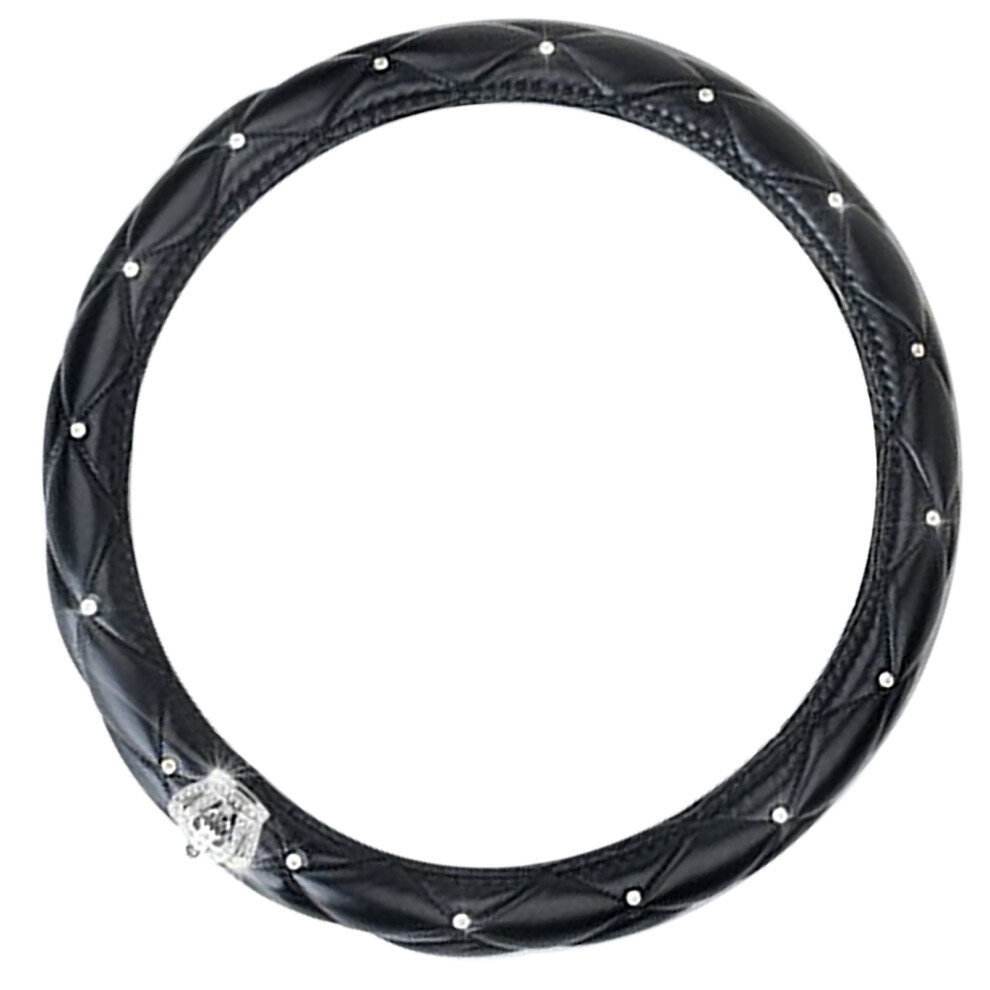 Women Cute Steering Wheel Cover, Antislip Pu Leather Rhinestones Black 7671388084505