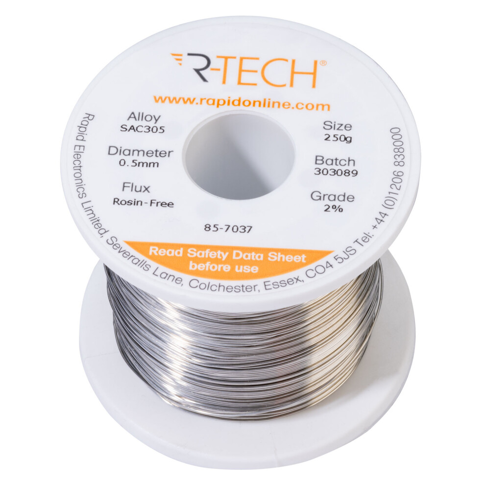 R-Tech 857037 Sac305 Solder 2% Rosin-Free Hf Flux Halide-Free 0.5Mm 250G Reel 5053556008896