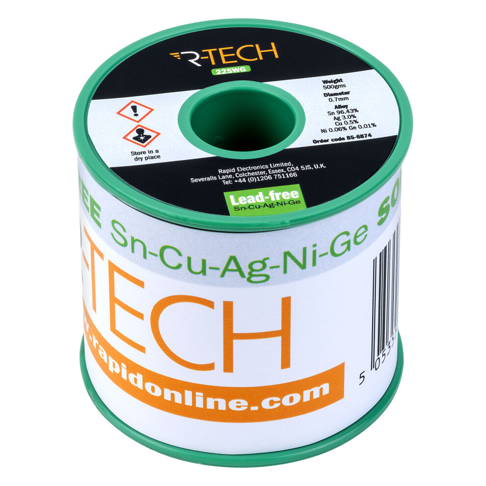 R-Tech 856874 Lead-Free Sn-Cu-Ag-Ni-Ge Solder 22Swg 0.7Mm 0.5Kg 5053556002078