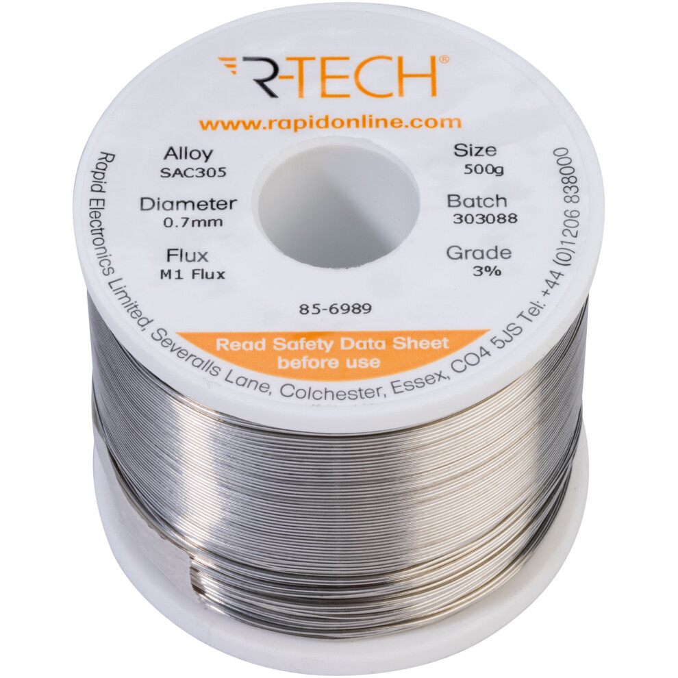 R-Tech 856989 Sac305 Solder 3% M1 Flux 0.5-2% Halide 0.7Mm 500G Reel 5053556008155