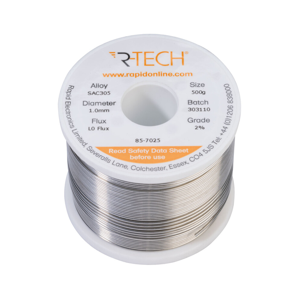 R-Tech 857025 Sac305 Solder 2% L0 Flux Halide-Free 1.0Mm 500G Reel 5053556008773