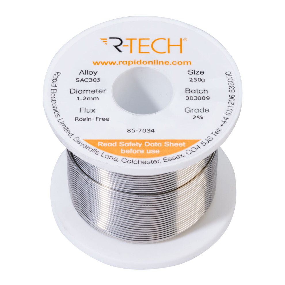 R-Tech 857034 Sac305 Solder 2% Rosin-Free Hf Flux Halide-Free 1.2Mm 250G Reel 5053556008865