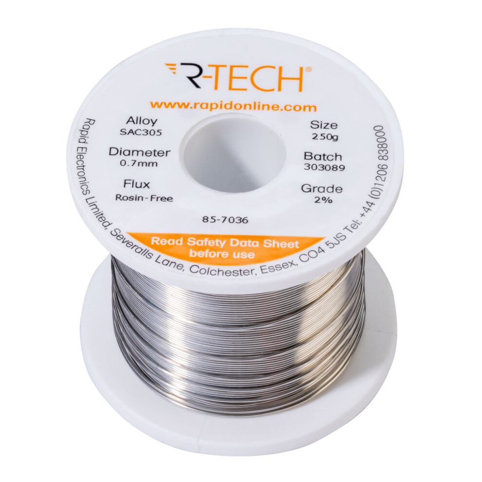R-Tech 857036 Sac305 Solder 2% Rosin-Free Hf Flux Halide-Free 0.7Mm 250G Reel 5053556008889