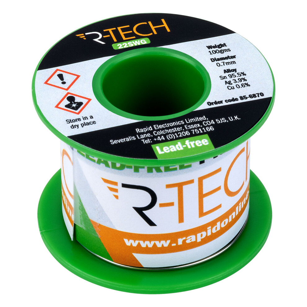 R-Tech 856870 Premium Lead-Free Solder Wire 22Swg 0.7Mm 100G Reel 5053556002030