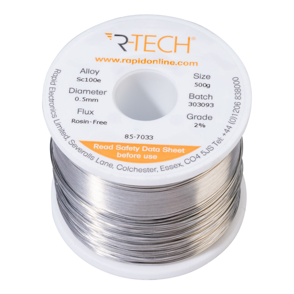 R-Tech 857033 Sc100e Solder 2% Rosin-Free Hf Flux Halide-Free 0.5Mm 500G Reel 5053556008858