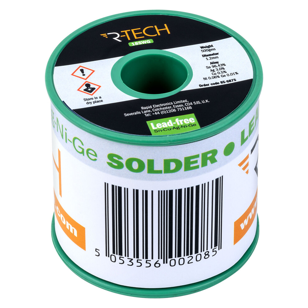 R-Tech 856875 Lead-Free Sn-Cu-Ag-Ni-Ge Solder 18Swg 1.2Mm 0.5Kg 5053556002085