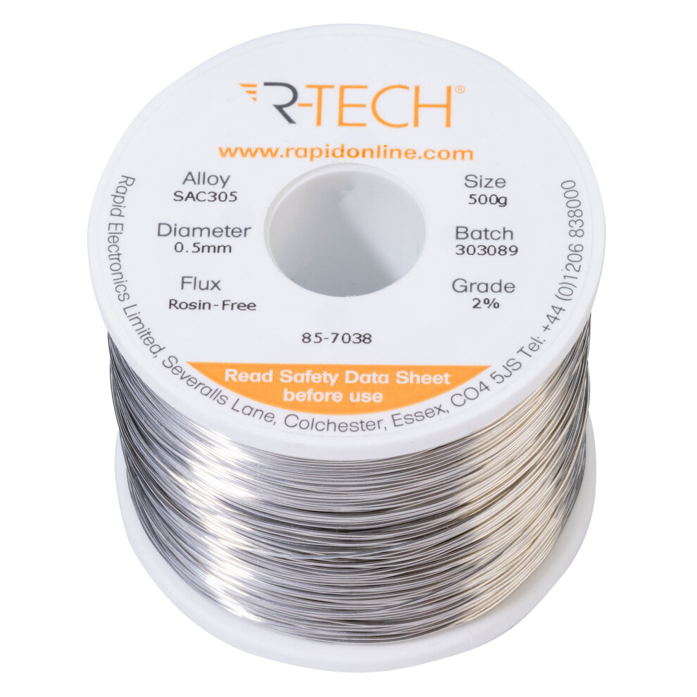 R-Tech 857038 Sac305 Solder 2% Rosin-Free Hf Flux Halide-Free 0.5Mm 500G Reel 5053556008902
