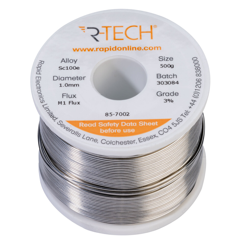 R-Tech 857002 Sc100e Solder 3% M1 Flux 0.5-2% Halide 1.0Mm 500G Reel 5053556008575