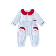 (12-18 Months, Blue) Combinaison bébé fille, manches longues, col poupée, carreaux Père Noël, vêtements de Noël