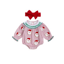 (0-3 Months, Red) Tenue de Noël pour bébé fille, body rayé brodé à manches courtes et col rond avec bandeau