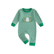 (12-18 Months, Green) Kisfiú őszi gofris romper karácsonyfa hímzéssel, csíkos hosszú ujjú overál csecsemőknek és kisgyermekeknek.