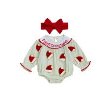 (3-6 Months, Green) Tenue de Noël pour bébé fille, body rayé brodé à manches courtes et col rond avec bandeau