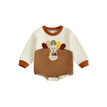 (12-18 Months, Khaki) Combinaison bébé garçon à la mode avec broderie de dinde pour Thanksgiving, manches longues et col rond.