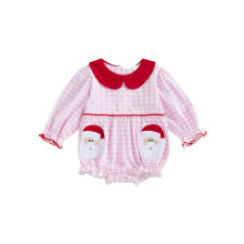 (0-3 Months, Pink) Combinaison de Noël à carreaux pour bébé fille, manches longues, col poupée, broderie Père Noël