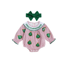 (3-6 Months, Colorful) Tenue de Noël pour bébé fille, body rayé brodé à manches courtes et col rond avec bandeau