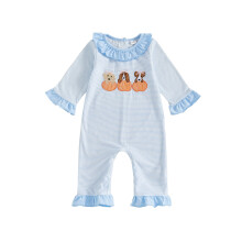 (0-3 Months, Blue) Combinaison à volants pour bébé fille, broderie chien, manches longues, rayures, tendance nouveau-né