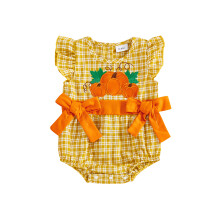 (0-3 Months, Orange) Combinaison automne bébé fille, manches papillon, col rond, imprimé carreaux, nœud papillon, body nouveau-né