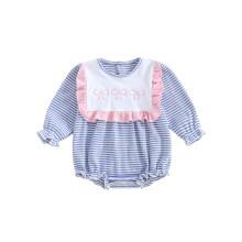 (3-6 Months, Blue) Combinaison bébé fille à manches longues, coupe ample, bord volanté, nœud brodé, rayures, col rond, grenouillère