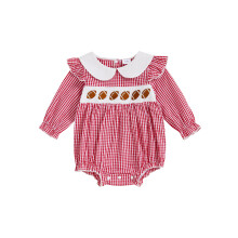 (12-18 Months, Red) Combinaison à carreaux pour bébé fille, style automne, broderie rugby, col poupée, manches longues, style bouffante