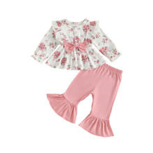 (3-4 Years, Pink) Herbstoutfit für Kleinkinder: 2-teiliges Set mit langärmeligem Rüschenoberteil und ausgestellter Hose.